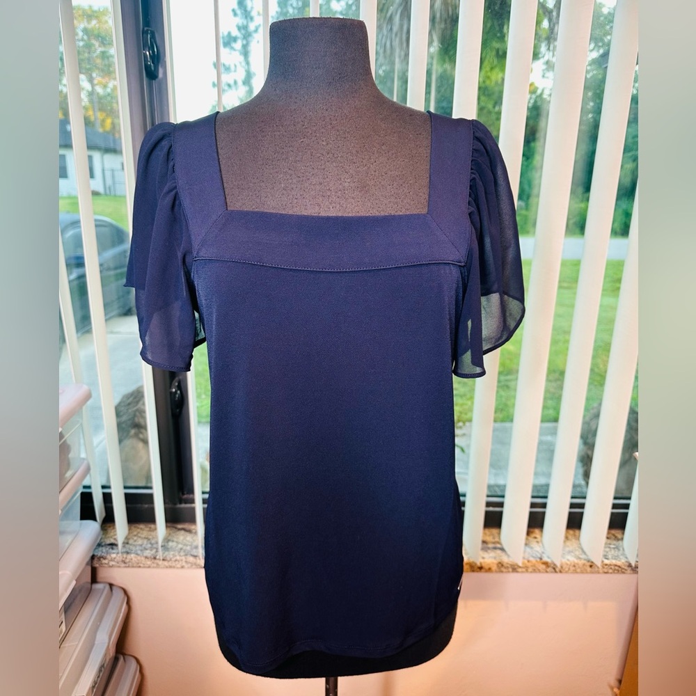 Calvin Klein Elegant Navy Blue  Sheer Sleeve Blouse Size Medium NEW